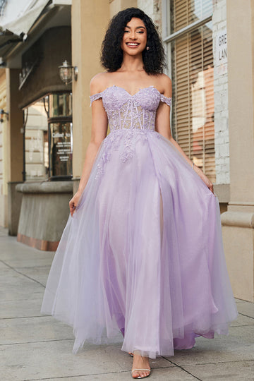 Splendida linea Off the Shoulder Corsetto viola abito da ballo con appliques